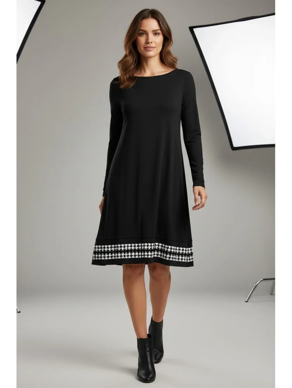 Michael Kors Women's Black Long Sleeve Dress with Houndstooth Hem, Size M